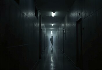 Narrow Corridor with Grey Walls and Silhouette of Person Walking Away