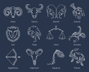 Astrological zodiac signs vector illustration. Line art symbols and icons of esoteric zodiacal horoscope. 