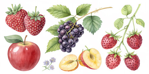 Cottagecore harvest featuring watercolor berries and fruits for rustic design projects.