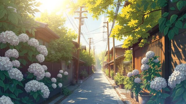 A serene alleyway lined with flowering plants, capturing a peaceful, sunny atmosphere.