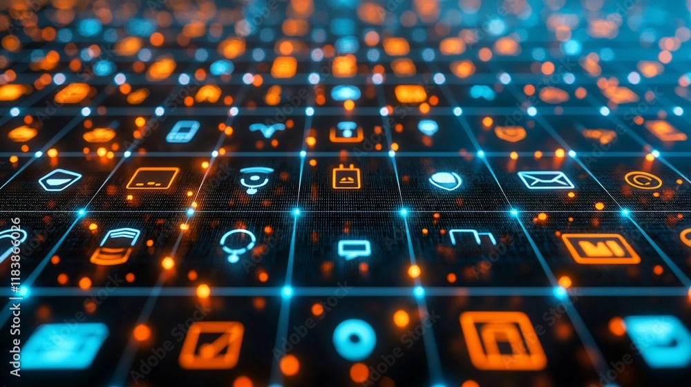 Aufkleber abstract digital network grid with glowing icons.