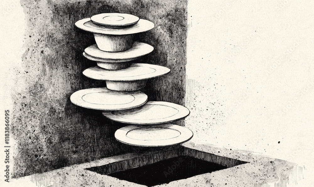 Poster monochrome abstract art of floating plates in ink sketch