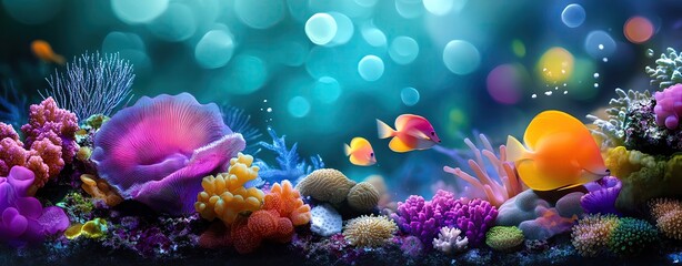 Fototapeta premium Vibrant coral reef with colorful fish swimming.