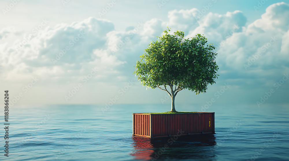 Poster single tree with lush green leaves sprouting from an open sea cargo container, symbolizing ecofriend