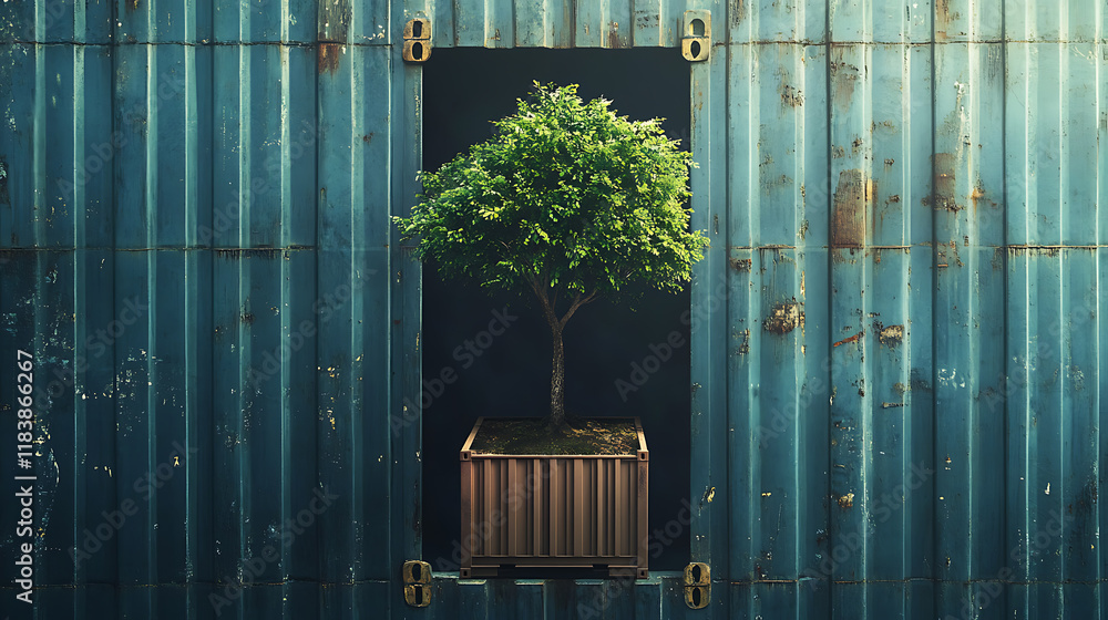Poster Single tree with lush green leaves sprouting from an open sea cargo container, symbolizing ecofriendly and sustainable shipping practices