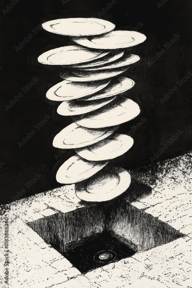 Poster monochrome abstract image of rotating plates in a dark space