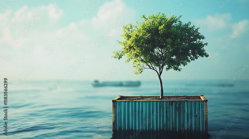 Poster single tree with lush green leaves sprouting from an open sea cargo container, symbolizing ecofriend