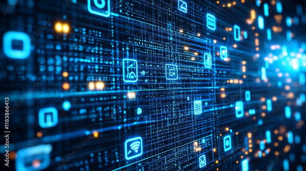 Aufkleber abstract digital data stream with glowing icons.