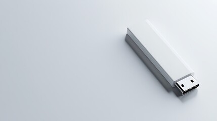A white USB flash drive is sitting on a white background