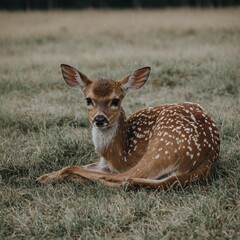 A shy fawn lying down gently on a white plain.

