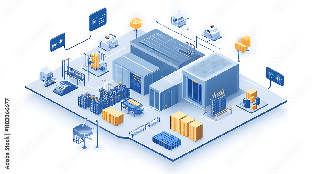 Poster Smart factory logistics, the innovative use of technology to streamline, automate, and enhance logistical processes within factory setting, thereby boosting efficiency and productivity