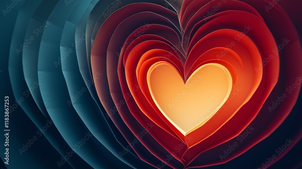 Poster heart-shaped art composition with vibrant layers in various colors creating a warm and inviting atmo