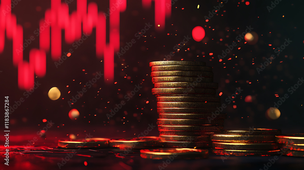 Aufkleber stacked golden coins with falling red forex chart on dark backdrop, crisis and recession concept, 3d