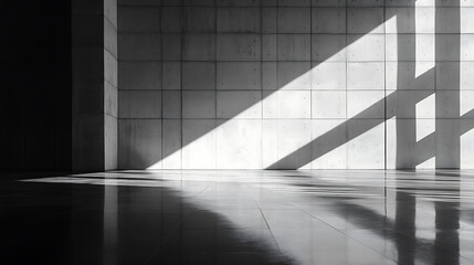 Obraz premium Spacious concrete wall with shadow gradient and reflective floor, modern minimalist architecture