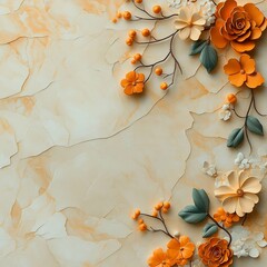 Ornate marble like pattern with sumptuous golden and bronze floral elements elegantly blended into a harmonious composition of amber caramel and ivory tones