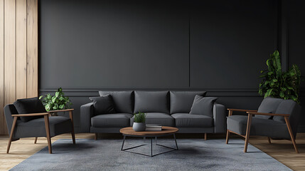 Modern and cozy living room with grey corner sofa and glass fireplace