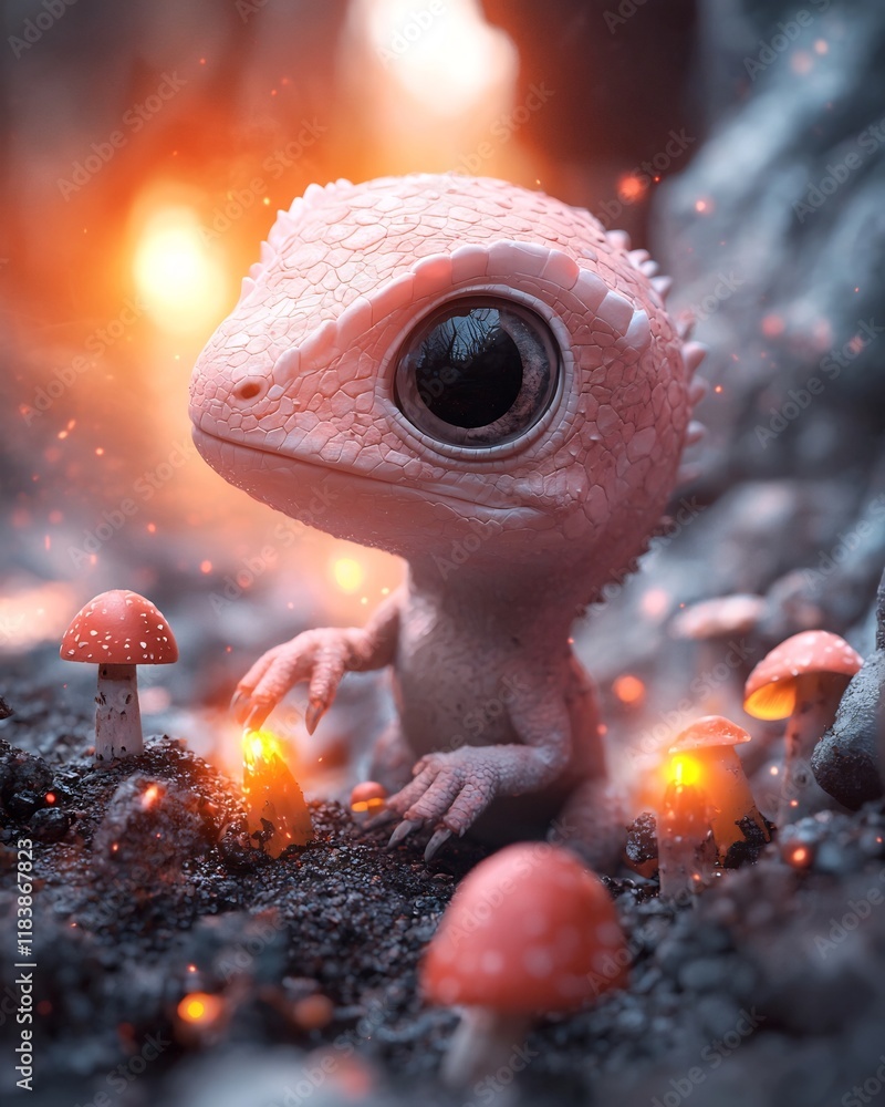 Poster tiny hatchling dinosaur reptile curiously exploring an ancient cavernous underground setting with gl
