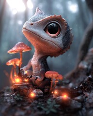 Obraz premium Tiny Hatchling Dinosaur Reptile Exploring Ancient Glowing Cavern with Mysterious Mushrooms and Crystals Shafts of Light Illuminating the Dramatic Moody Fantasy Realism Scene