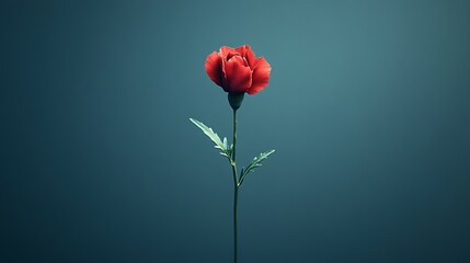 Obraz premium Single red rose stands tall against a simple blue background, showcasing its vibrant color and delicate petals during a serene moment