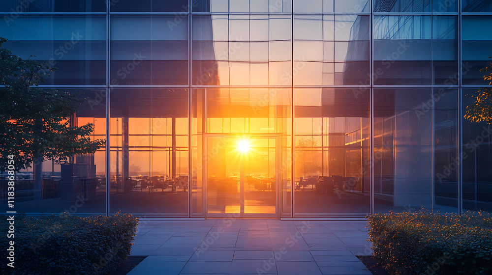 Aufkleber sunset in the window of a modern office building with glass walls