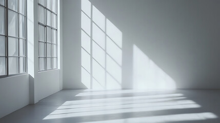 Fototapeta premium Suspended posters casting soft shadows in a bright white gallery, art exhibition