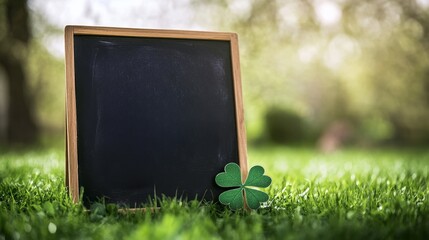 Chalkboard with Green Clover on Lush Grass in Bright Outdoor Setting
