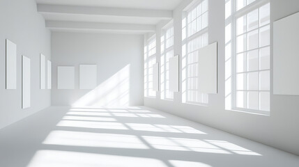 Obraz premium Suspended posters casting soft shadows in a bright white gallery, art exhibition