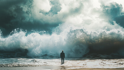 Dramatic Scene of a Lone Figure Standing on a Beach Facing Giant Ocean Waves Under a Stormy Sky