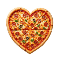 A heart-shaped pizza is sliced into triangular pieces, showcasing pepperoni, cheese, olives and basil ,isolated on transparent background.
