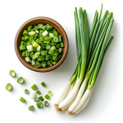 A bunch of green onions and a wooden bowl