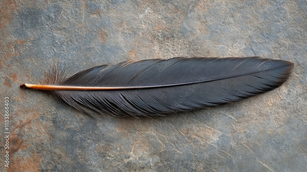 Poster long black feather lying flat on a textured surface with subtle colors in the background