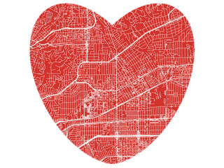 Heart-Shaped Map of Alhambra  California, USA in Bold Red and White Design.