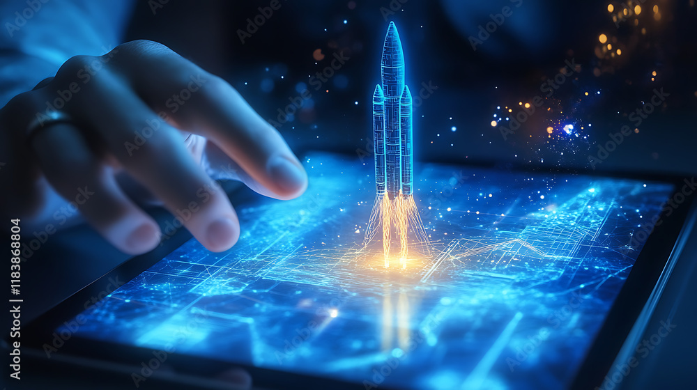 Aufkleber touching a holographic rocket launch from a tablet screen