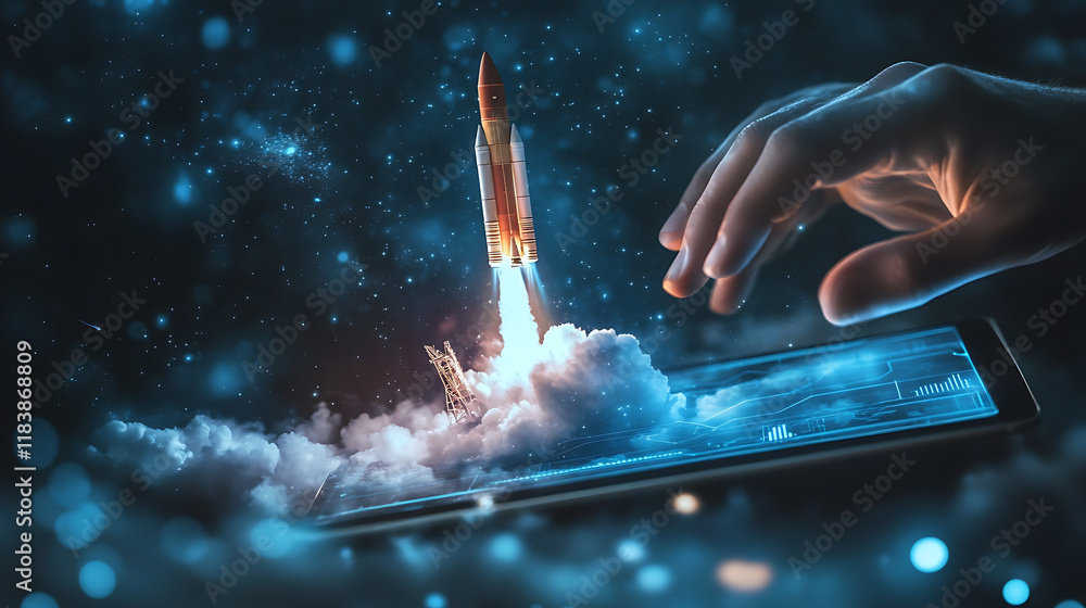 Aufkleber touching a holographic rocket launch from a tablet screen