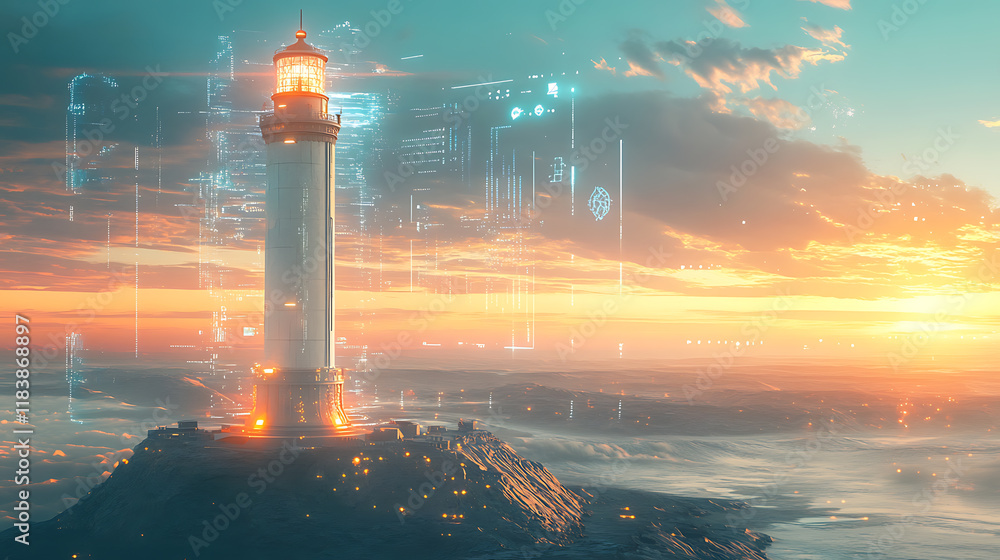 Poster towering lighthouse in a futuristic, digital world, evolving technology and the potential for progre