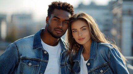Two young adults pose together in stylish denim jackets outdoors. Generative AI