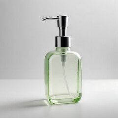 Fototapeta premium A glass soap dispenser with a pump, filled with liquid soap, on a white surface.