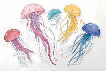 Naklejka premium Colorful watercolor jellyfish sticker set for creative design projects.