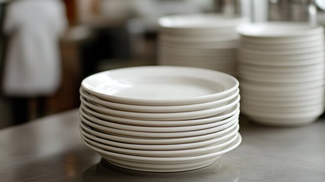 Stacked white plates ready for service in a busy restaurant kitchen during lunch preparation