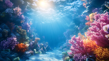 Obraz premium Underwater scene with sunbeams filtering through the water, calm ocean background