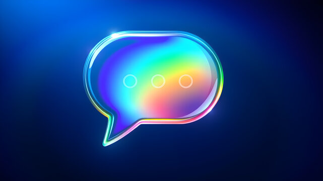 3d glass holographic speech bubble, chat icon for text, message, dialogue. Rainbow crystal web notification symbol, morphism gradient. Circle the communication. Generative AI