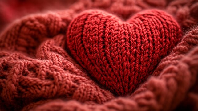 Knitted red heart on a cozy textured blanket in warm tones creating a feeling of comfort and love