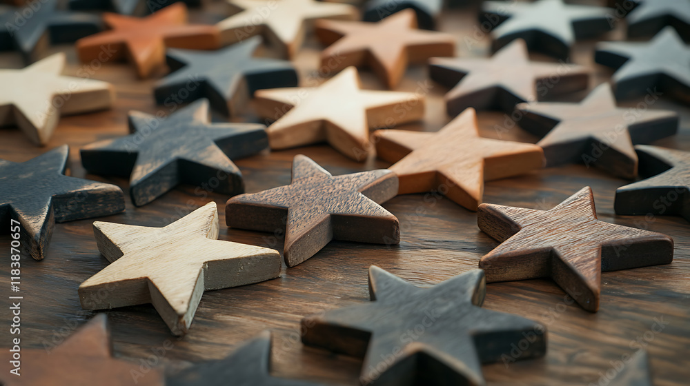 Aufkleber Wooden stars arranged in a row, symbolizing a satisfaction rating system used for evaluating customer feedback, service quality, or product excellence