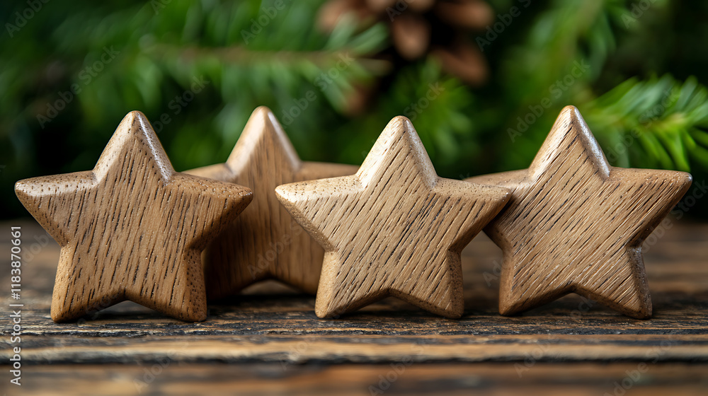 Poster Wooden stars arranged in a row, symbolizing a satisfaction rating system used for evaluating customer feedback, service quality, or product excellence