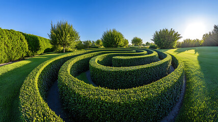 A clear photo of intricately trimmed bushes in a curly spiral design, set against a vibrant green lawn and a bright blue sky, soft natural light highlighting the precise cuts and smooth curves