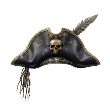 A detailed image showcases an ornate black tricorn pirate hat adorned with a gold skull and feather, isolated on transparent background.