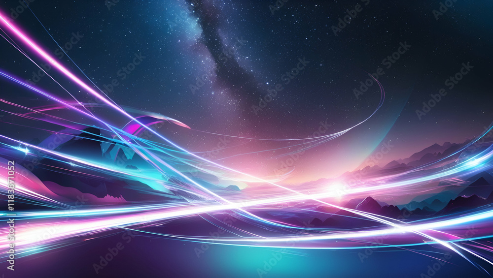 Poster a glowing abstract digital landscape, with dynamic light trails weaving through a starry sky, creati