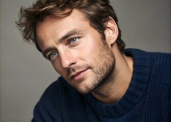 Fototapeta premium A man with beard showcases a warm expression during a relaxed indoor moment