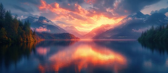 Fiery sunset lake, mountain reflection