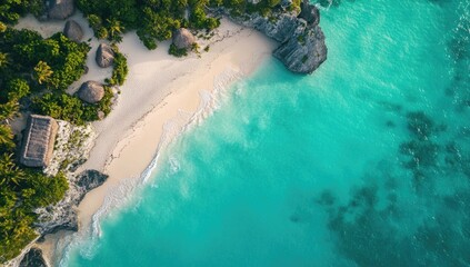 From a high vantage point, crystal-clear turquoise waves gently kiss a pristine sandy beach. Lush palm trees frame the shoreline, creating an idyllic tropical escape